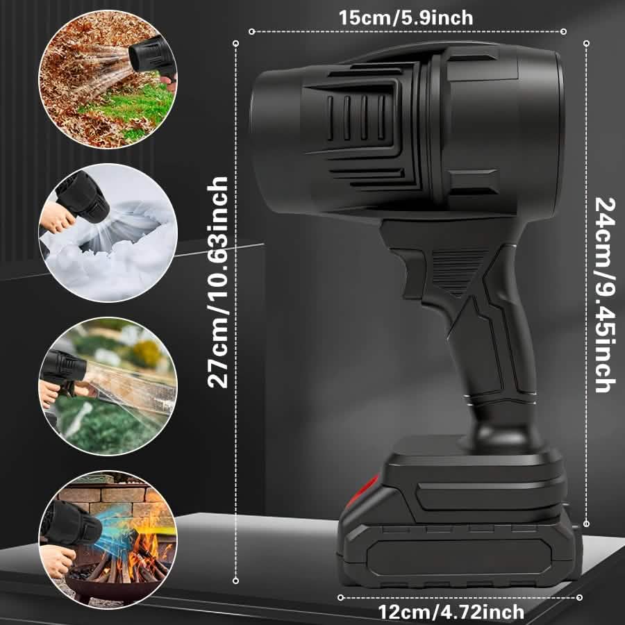 Black cordless handheld blower with fan nozzle, anti-slip handle, and size markers