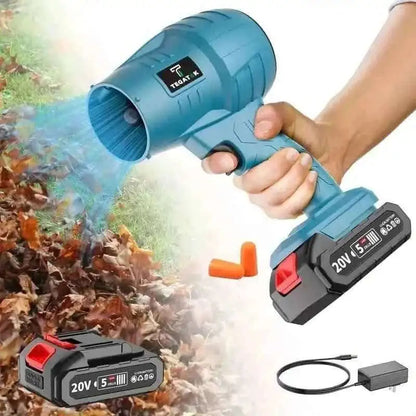 Blue cordless handheld blower with fan nozzle, battery pack, and trigger handle