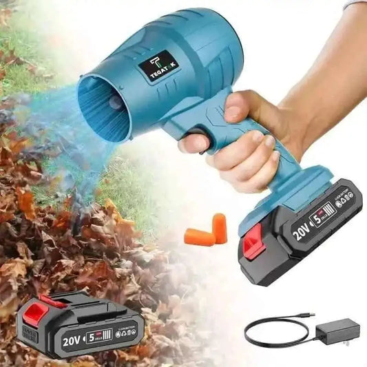Blue cordless handheld blower with fan nozzle, battery pack, and trigger handle