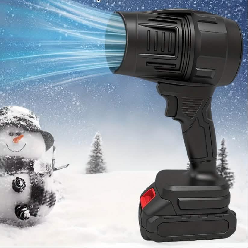 Black cordless handheld blower with air outlet and vented fan housing
