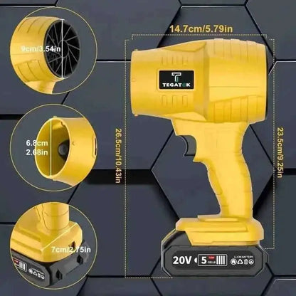 Yellow cordless handheld blower with circular nozzle and push switch