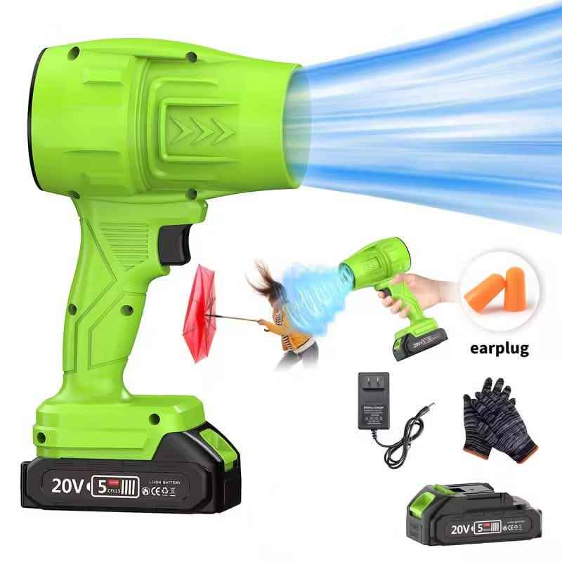 Green cordless handheld blower with long nozzle, battery base, and earplug accessory