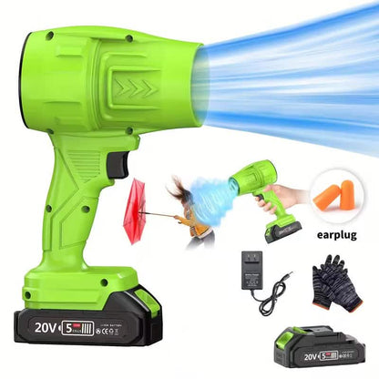 Green cordless handheld blower with long nozzle, battery base, and earplug accessory