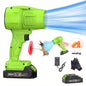 Green cordless handheld blower with long nozzle, battery base, and earplug accessory