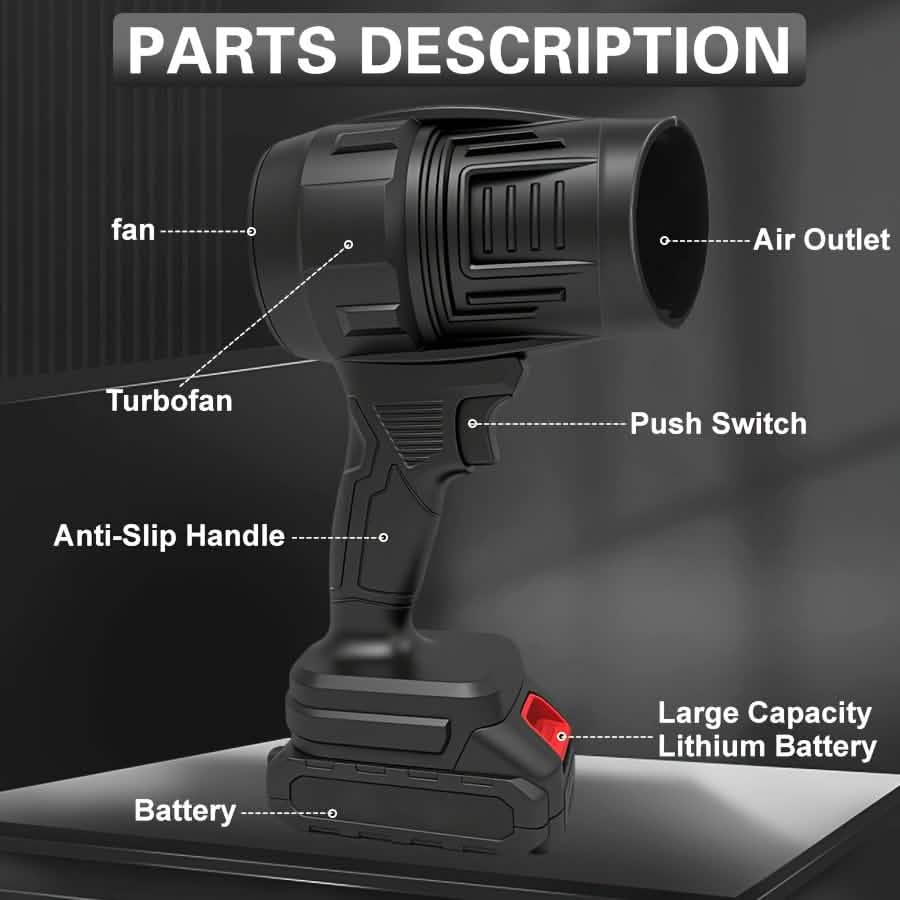 Black cordless blower with air outlet, turbo fan, anti-slip grip, push switch, battery