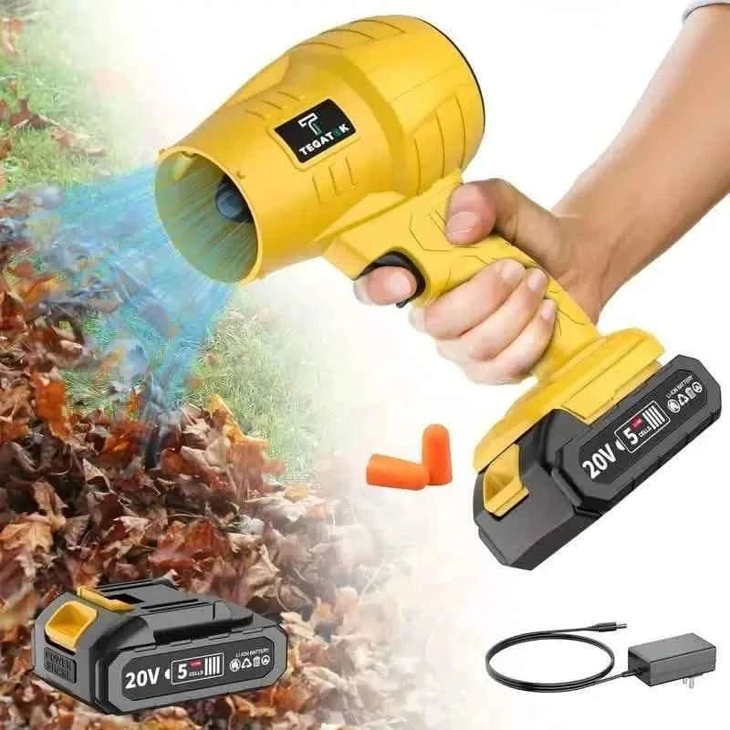 Yellow handheld cordless leaf blower held in a person’s hand