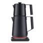 Matte black electric Turkish tea maker with two stacked pots and handle on top