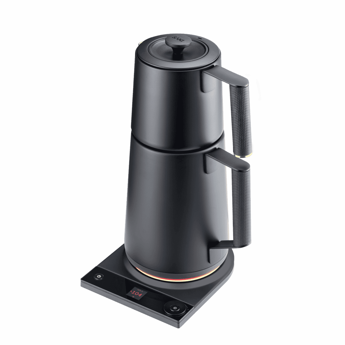 Matte black electric Turkish tea maker on a flat base with mesh side handles