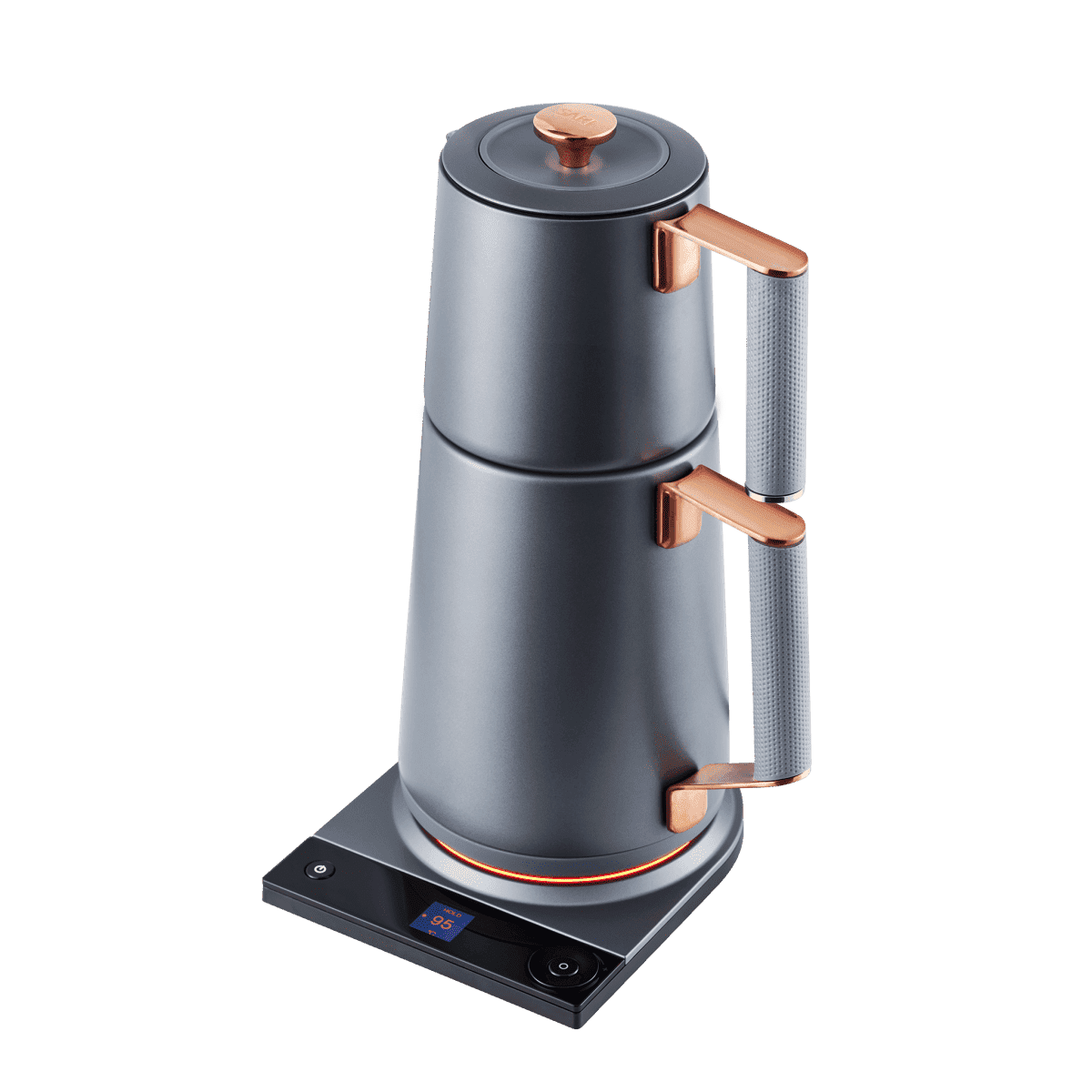 Midnight blue electric Turkish tea maker with copper handle frames and mesh sleeves