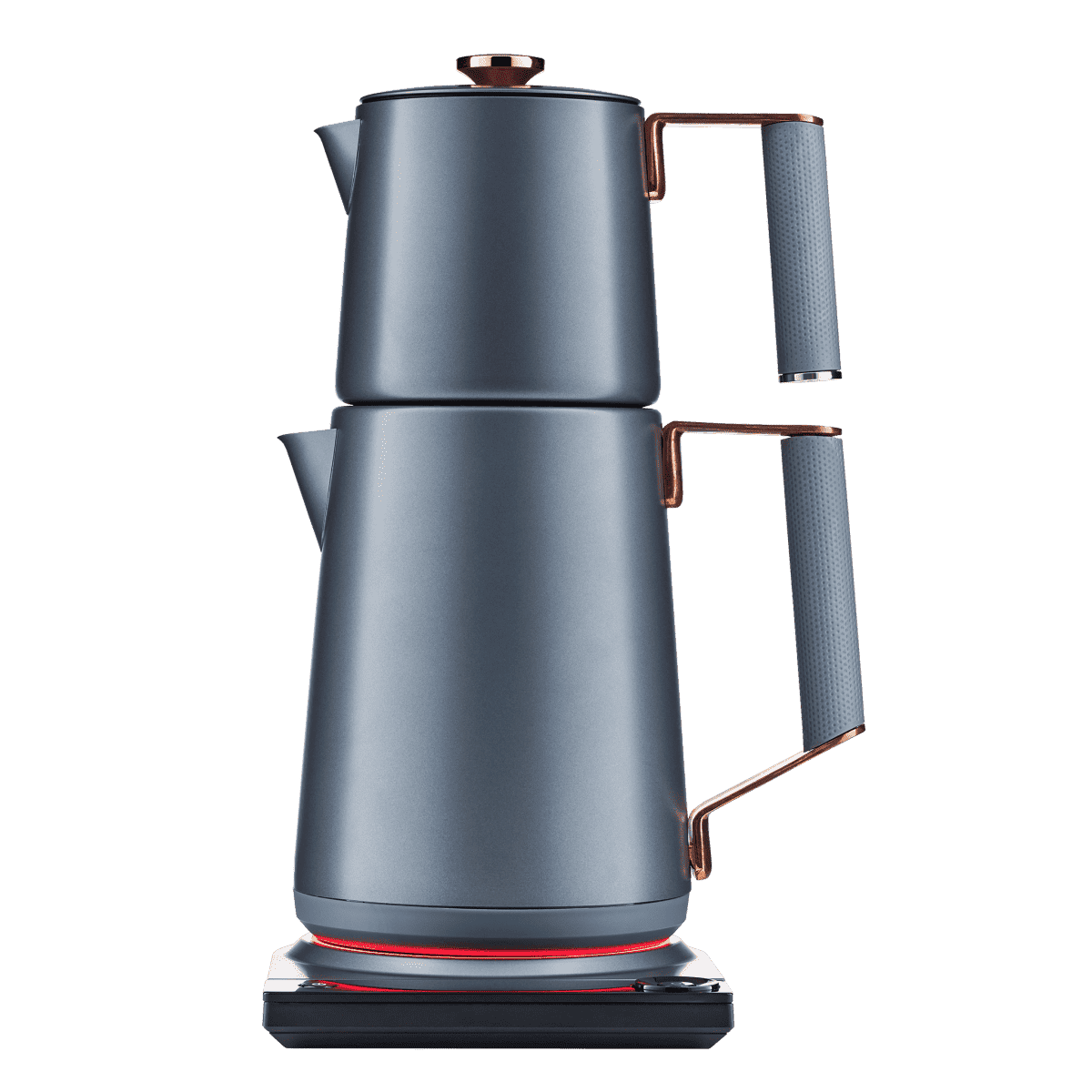 Midnight blue electric Turkish tea maker with copper accents and two stacked pots