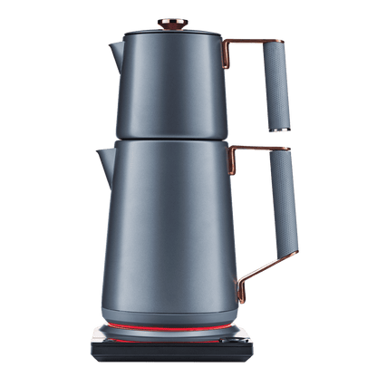 Midnight blue electric Turkish tea maker with copper accents and two stacked pots