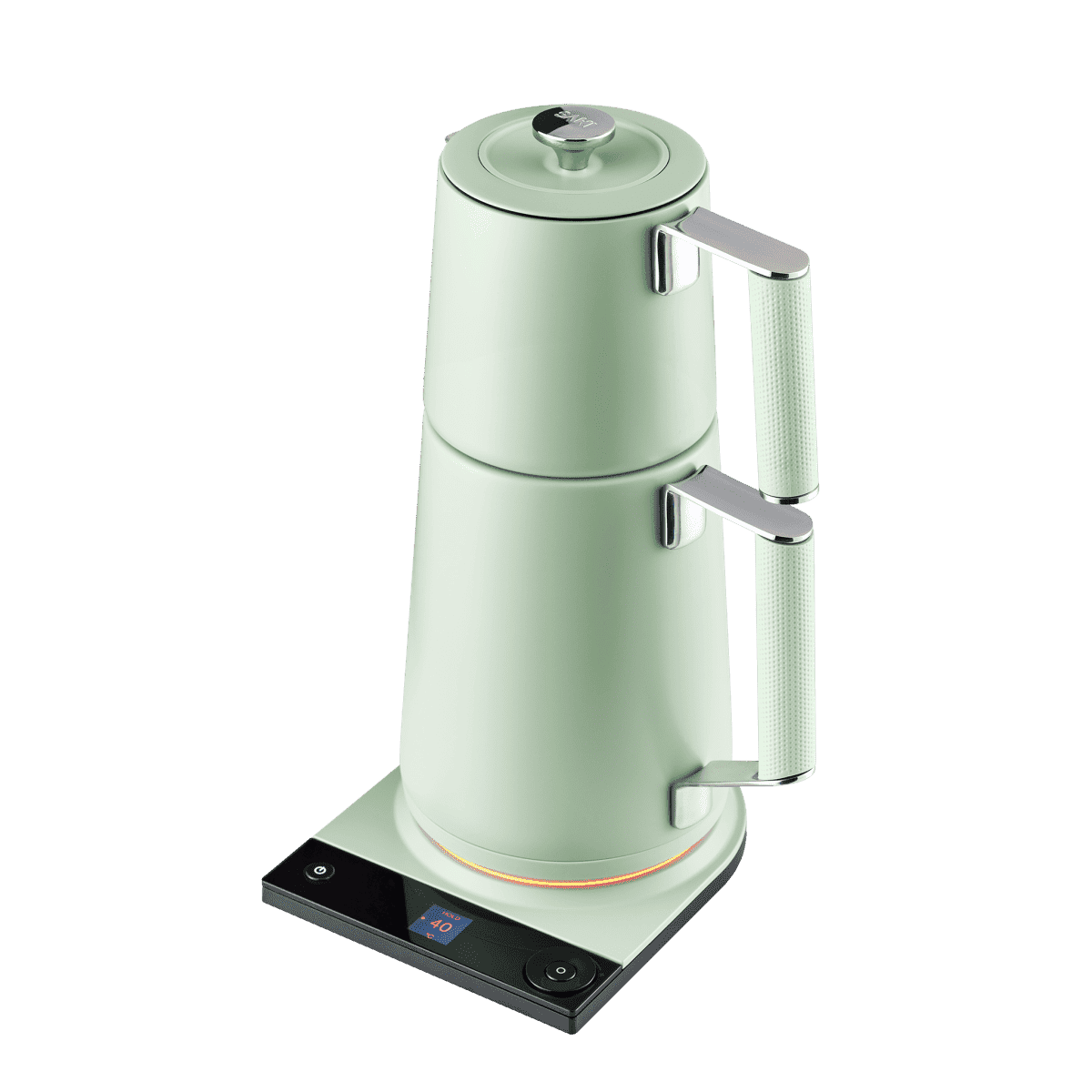 Dual-pot Turkish tea maker in sage green, top lid and stacked spout handles