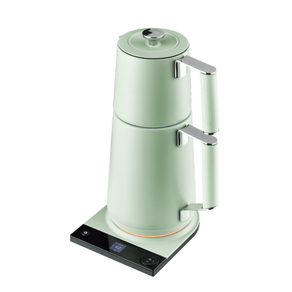 Dual-pot Turkish tea maker in sage green, top lid and stacked spout handles
