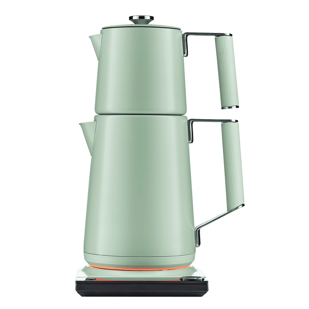 Dual-pot Turkish tea maker in sage green with side handles and warming base
