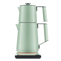Dual-pot Turkish tea maker in sage green with side handles and warming base