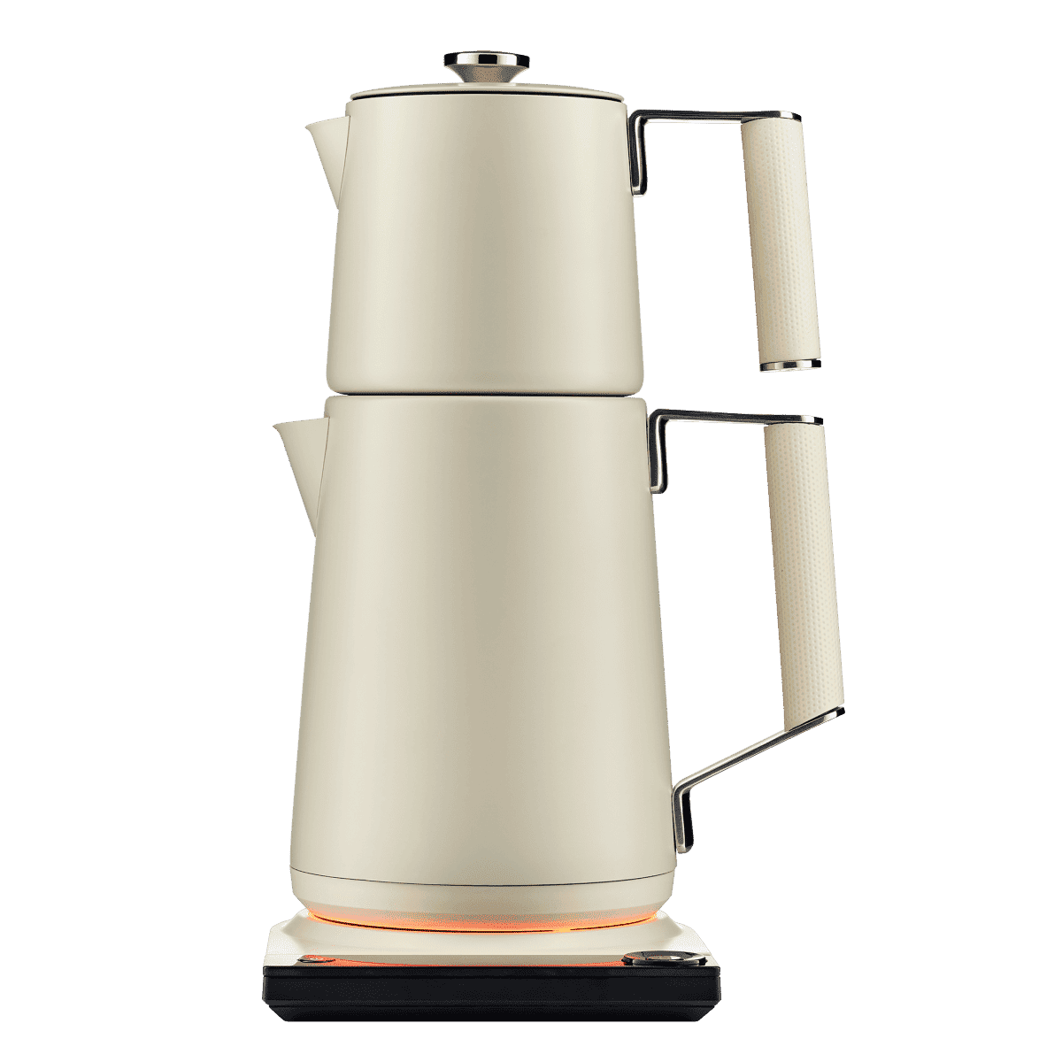 Dual-pot Turkish tea maker in pearl white with side handles and lids