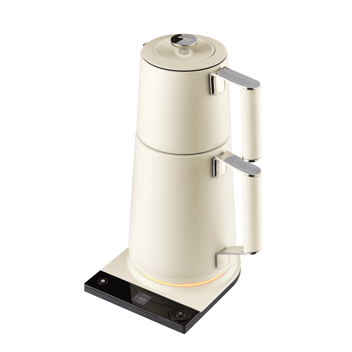 Dual-pot Turkish tea maker in pearl white, top lid and stacked handles shown
