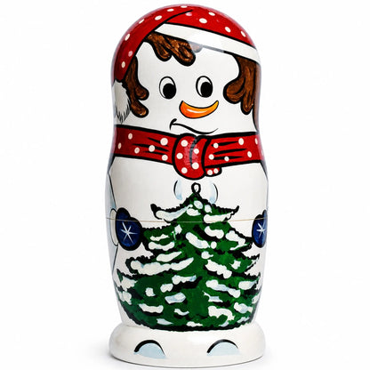 Set of 10 Snowmen with Christmas Tree Wooden Nesting Dolls 10.25 Inches