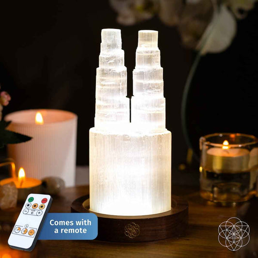 Two-tower selenite lamp with two lit crystal columns plus remote control