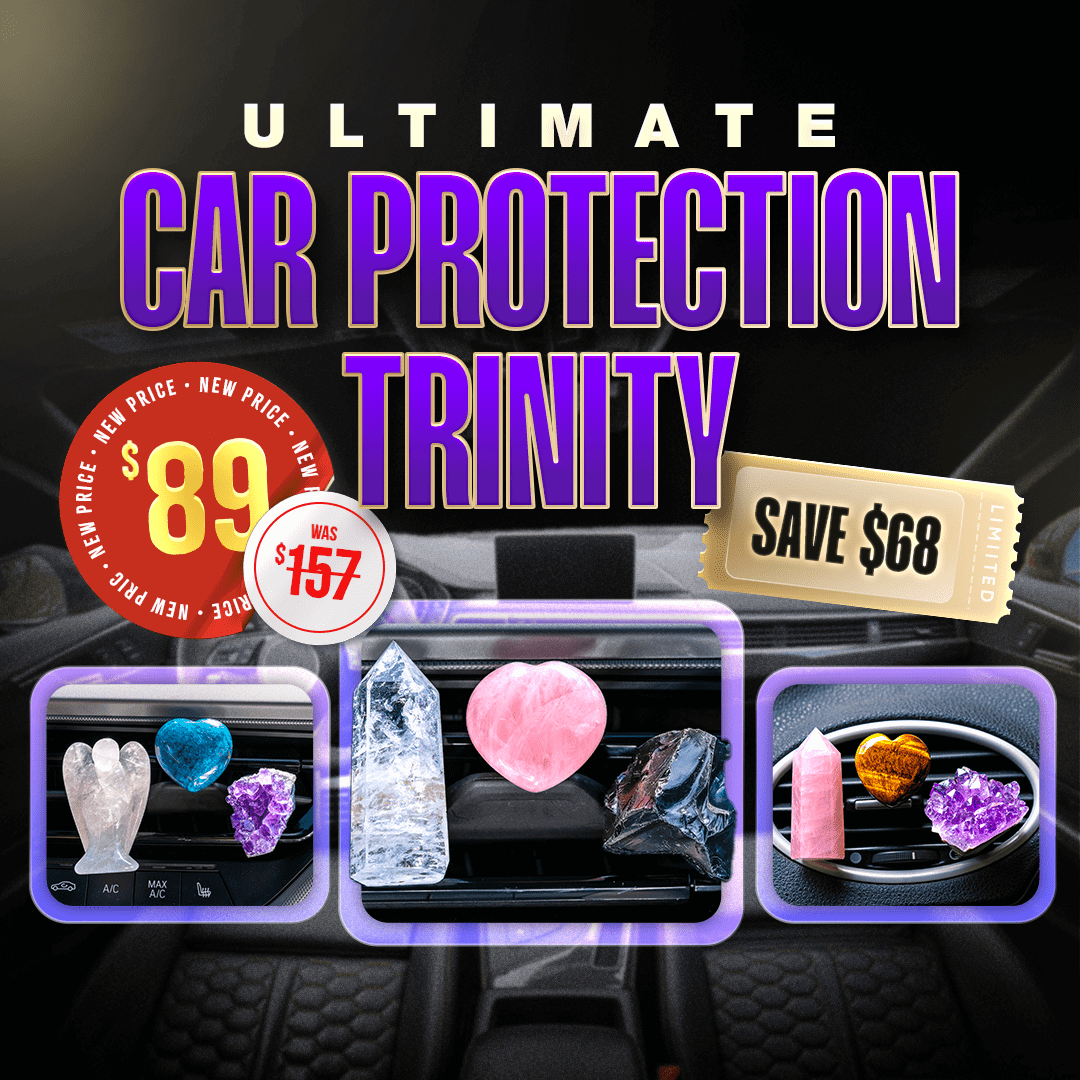 Car protection Trinity set shown with three crystal pieces in dashboard frames