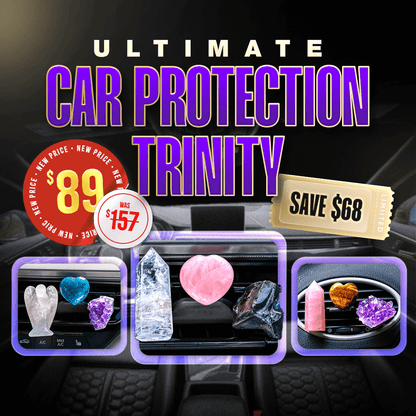 Car protection Trinity set shown with three crystal pieces in dashboard frames