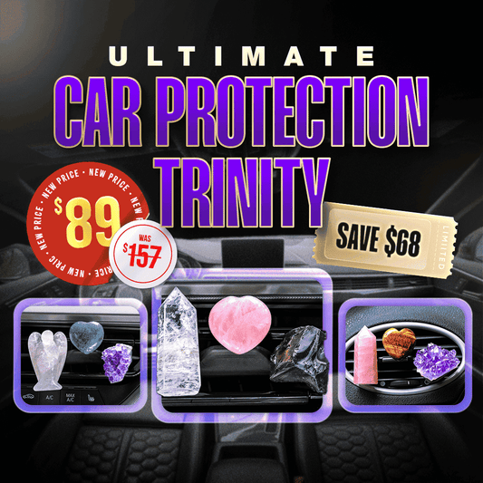 Car crystal vent set on dashboard: three compartments with hearts, crystal tower, and geode pieces