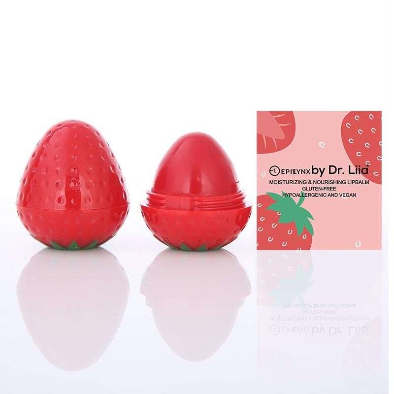 Red strawberry-shaped lip butter duo with matching box by Dr. Lia.