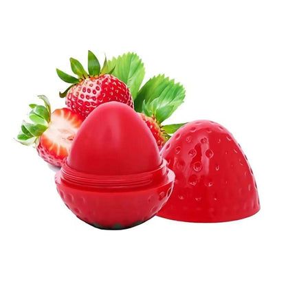 Red strawberry-shaped lip butter with open and closed caps and strawberry pieces.