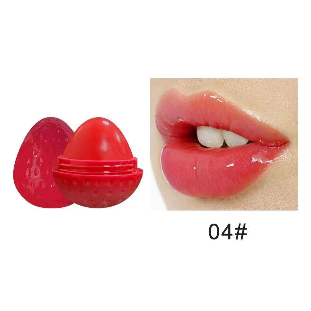 Red lip butter balm in round shell with dome applicator; glossy red lips swatch