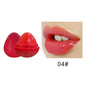 Red lip butter balm in round shell with dome applicator; glossy red lips swatch