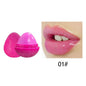 Pink lip butter balm container with open cap and lips swatch inset