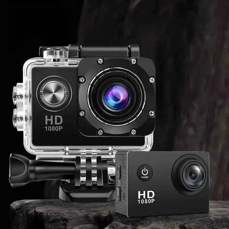 Black action camera with wide-angle lens and separate small display unit