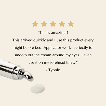 Eye cream tube with chrome roller applicator and a small dab of pale cream