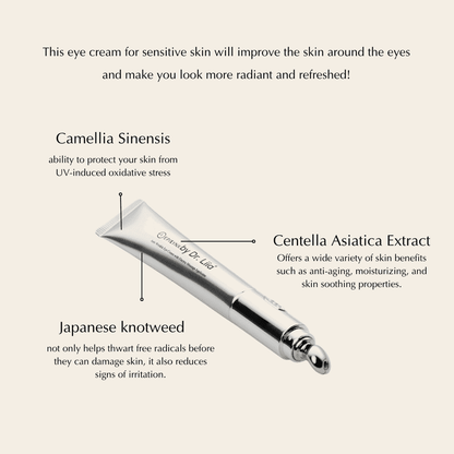Eye cream tube with chrome roller applicator angled with nozzle at left