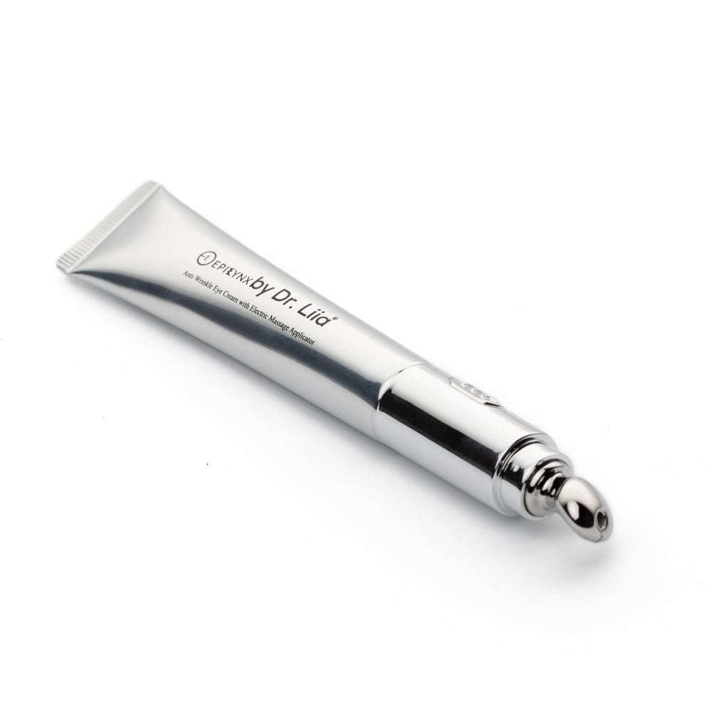 Eye cream tube with chrome roller applicator end and white cream tube body