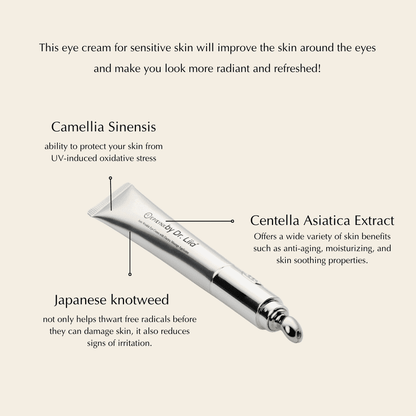 Eye cream tube with chrome roller applicator angled with nozzle at left
