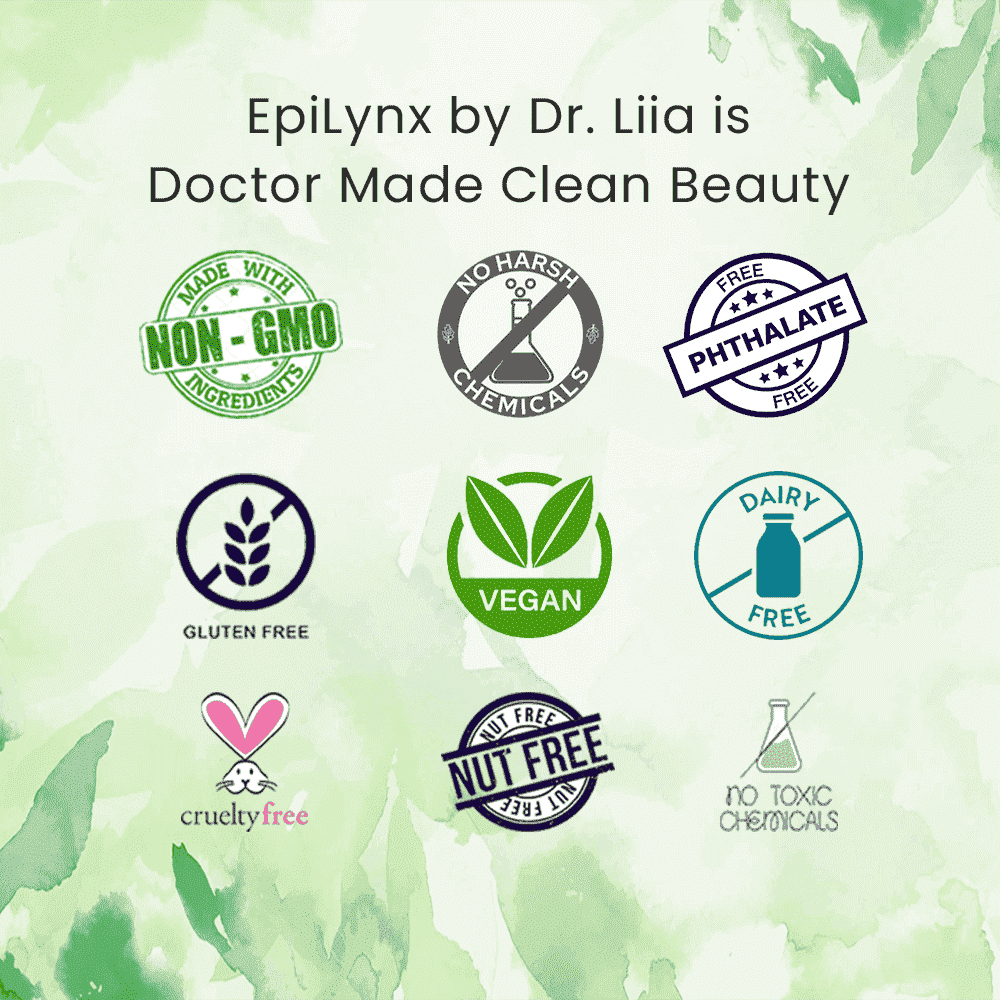 Eye cream product icons showing vegan, gluten-free, and non-GMO claims