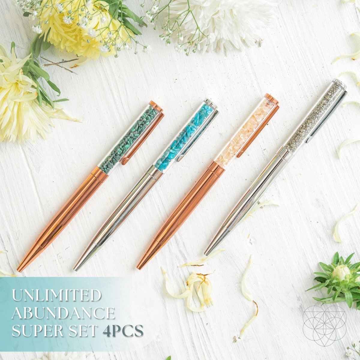 Manifestation pen set with four pens in copper, teal, and silver glitter finishes