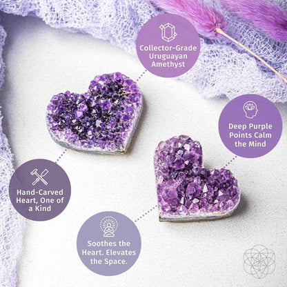 Purple amethyst heart cluster set with three druzy hearts on a white display.