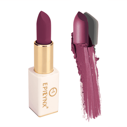 Plum matte lipstick with gold case and plum swatch