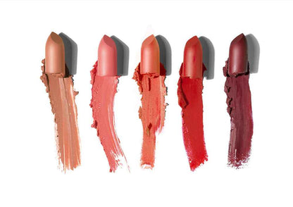 Set of matte lipstick shades in gold cases with swatches