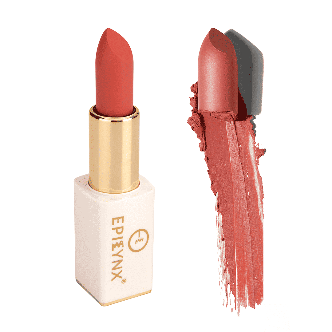 Coral-pink matte lipstick with gold case and coral swatch