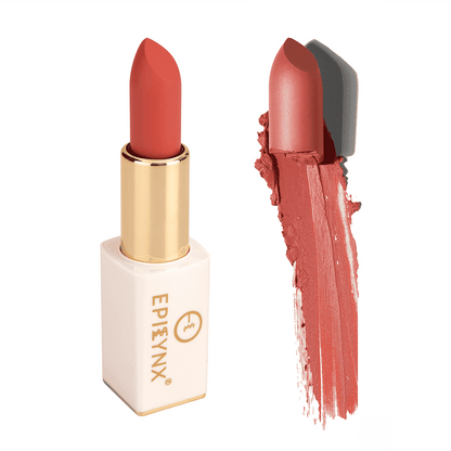 Coral-pink matte lipstick with gold case and coral swatch