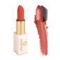 Coral-pink matte lipstick with gold case and coral swatch