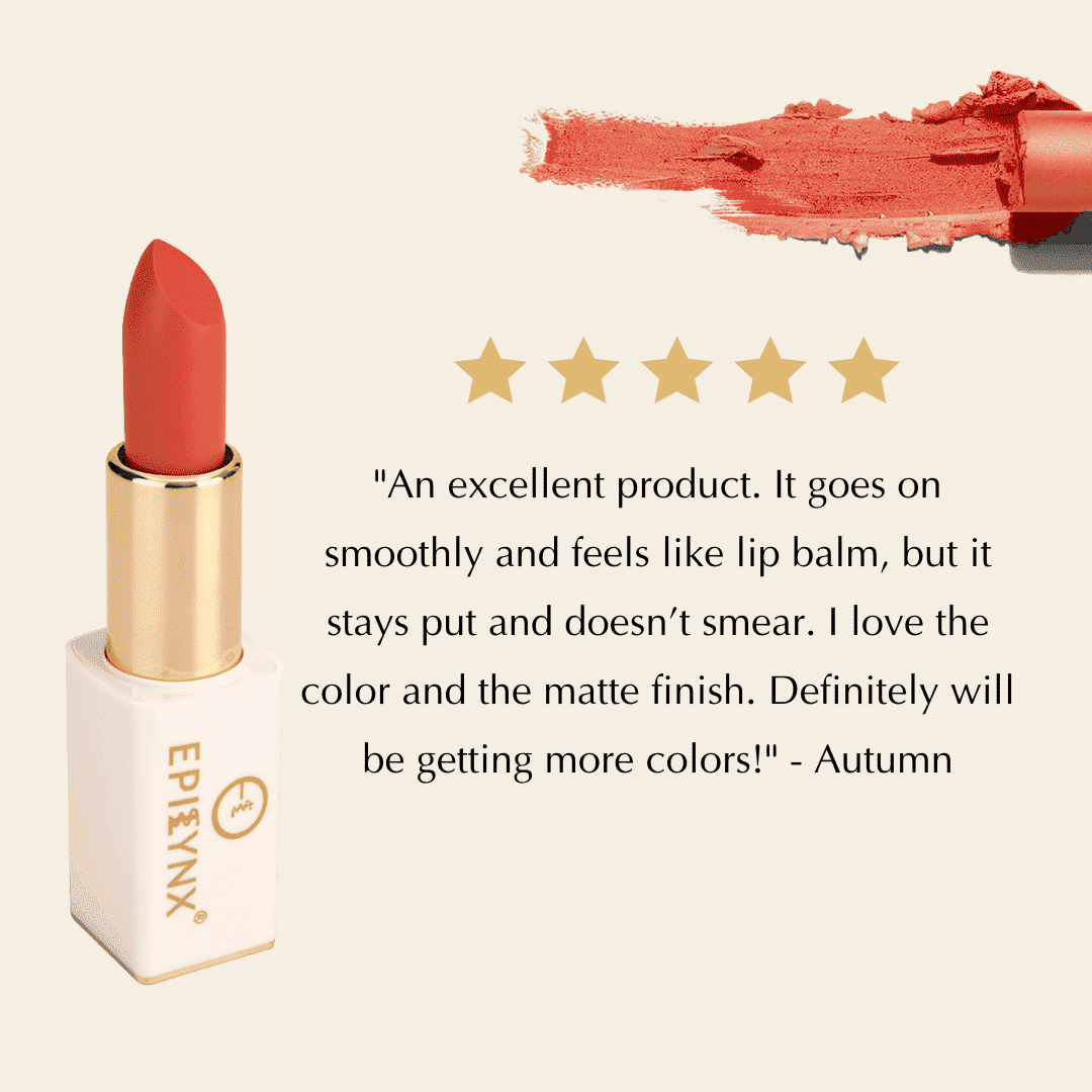 Coral matte lipstick with gold case and visible swatch