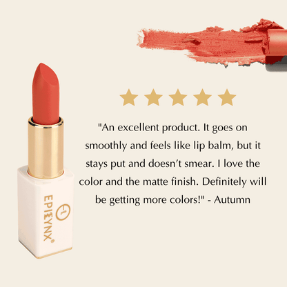 Coral matte lipstick with gold case and visible swatch