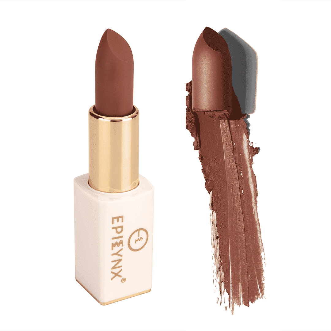 Warm brown matte lipstick with gold case and brown swatch