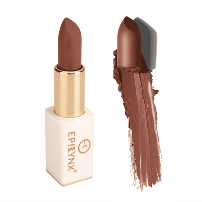 Warm brown matte lipstick with gold case and brown swatch