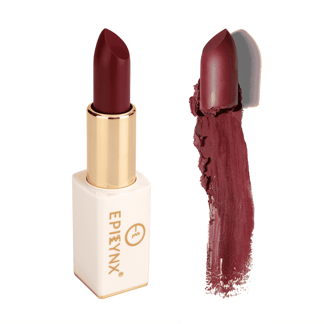 Burgundy lipstick with gold bullet, white case, and dark red swatch