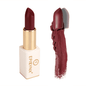 Burgundy lipstick with gold bullet, white case, and dark red swatch